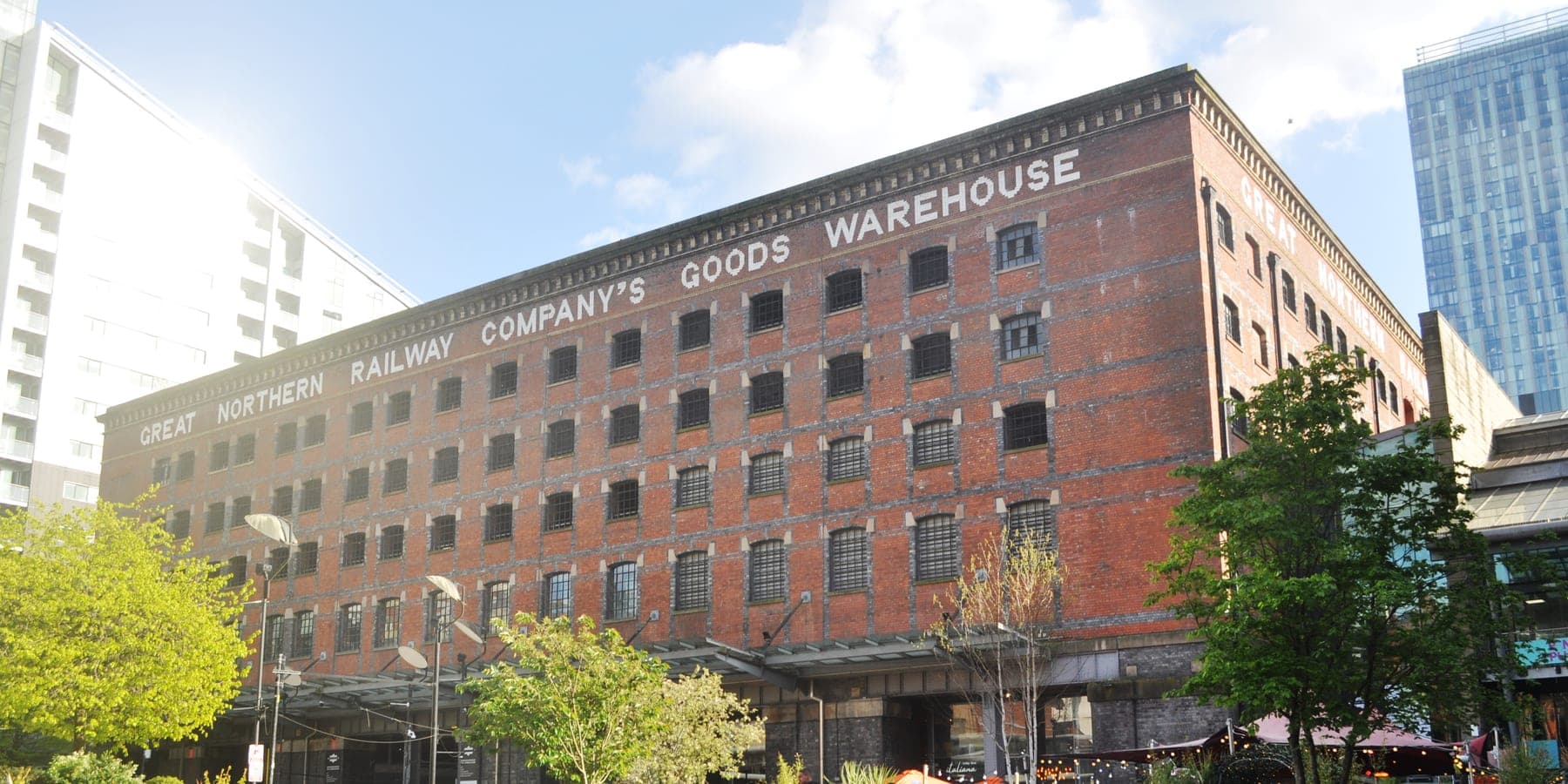 The red-brick Great Northern goods warehouse on Watson Street in Manchester, its name painted across the brickwork
